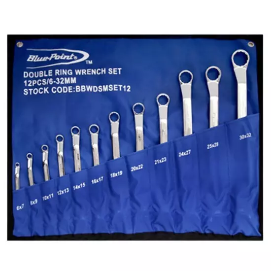 Blue-Point 12 Pcs 75° Offset Double Ring Wrench Set Chrome Finish Alloy Steel Body, Size 6 to 32 mm and Length 160 to 405 mm, BBWDMSET12L