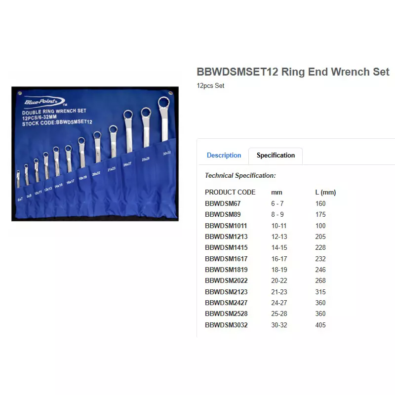 blue-point-12-pcs-75-offset-double-ring-wrench-set-chrome-finish-alloy-steel-body-size-6-to-32-mm-and-length-160-to-405-mm-bbwdmset12l