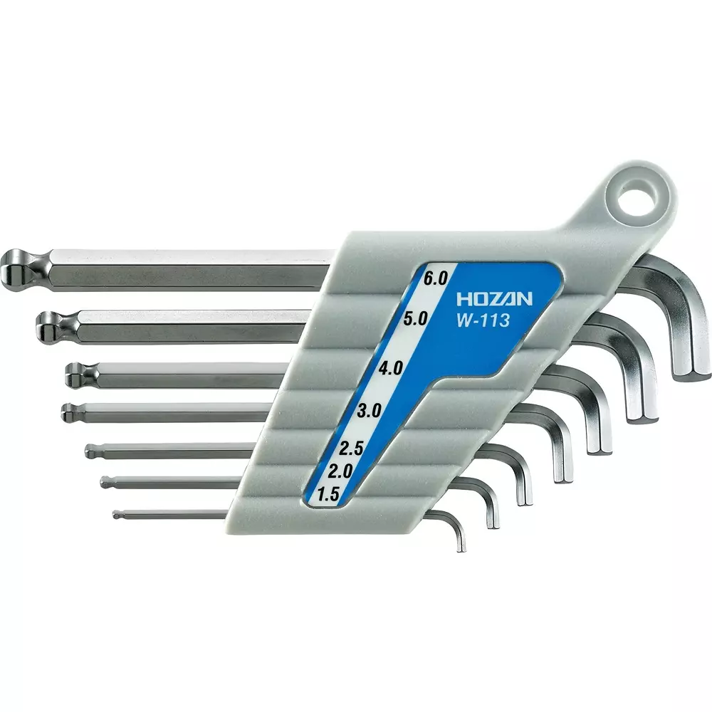 HOZAN Ball Point Wrench Set Ball Point L Type Special Alloy Steel, 2, 3, 5, 9, 17, 27, W-113 (Pack of 7)
