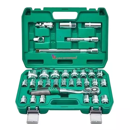 Malfah Enterprises Ratchet Socket Wrench Set With Half Inch Ratchet 8-32 mm Alloy Steel, Chrome Vanadium Steel Sliver