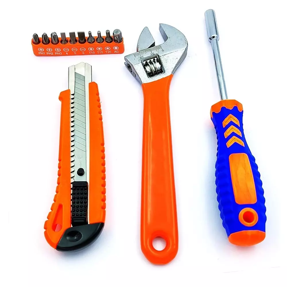A.D international Adjustable Wrench with 10 Pcs Bits, Ratcheting Screwdriver & Utility Cutter Combo Steel & Plastic Silver & Orange Ergonomic Easy Grip for Industrial Use