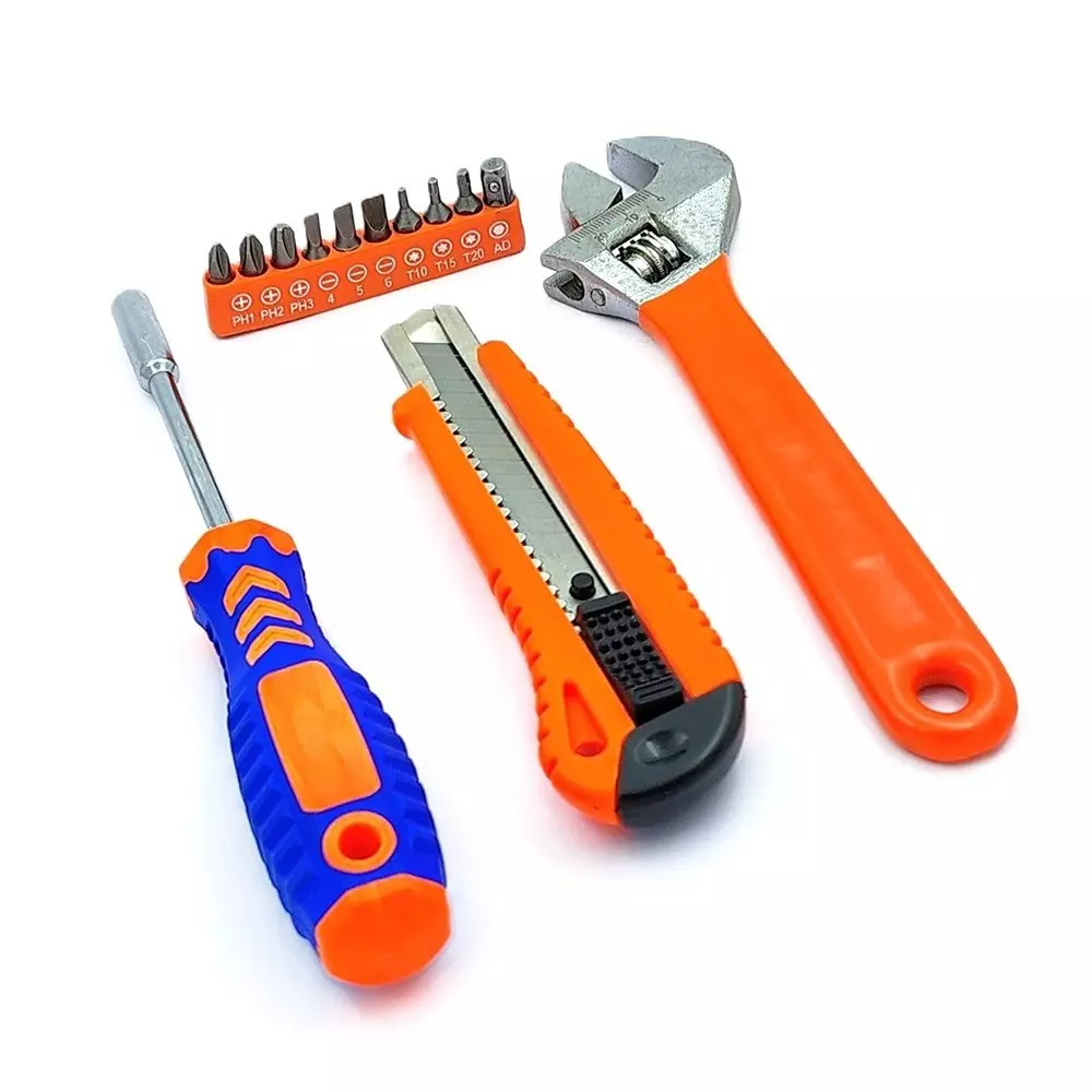 ad-international-4-pcs-adjustable-wrench-bits-ratcheting-screwdriver-utility-knife-combo-steel-plastic-silver-orange-ergonomic-easy-grip-for-industrial-use