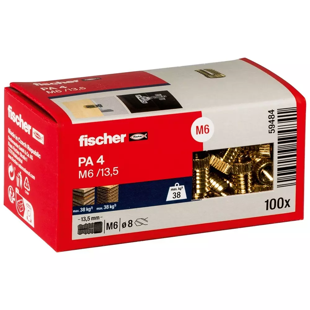 Fischer Brass Brass Fixing M6x8 mm 13.5 mm Depth, PA 4 M6/13.5 (Pack of 100 Pcs)
