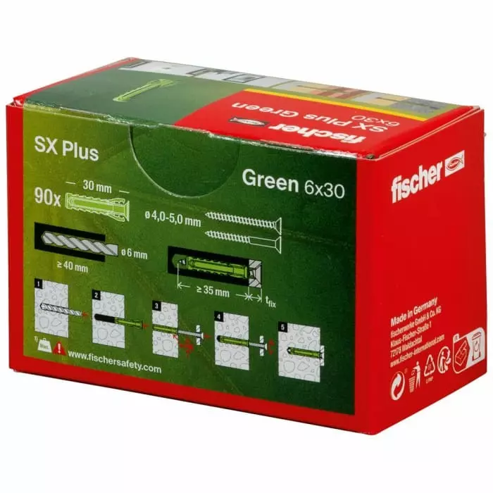 Fischer Green Wall Plug 30 mm Length 6 mm Fixing Hole Diameter, 567807 (Pack of 90)