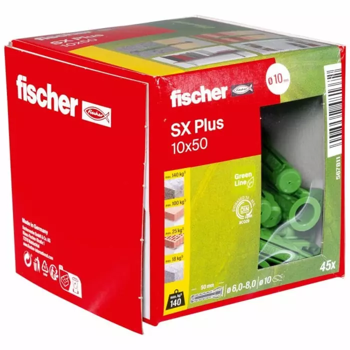 Fischer Fixings Green Wall Plug 50 mm Length 10 mm Fixing Hole Diameter, 567811 (Pack of 45)