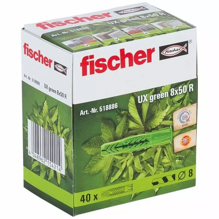 Fischer Green Nylon Wall Plug 50 mm Length 8 mm Fixing Hole Diameter, 518886 (Pack of 40)