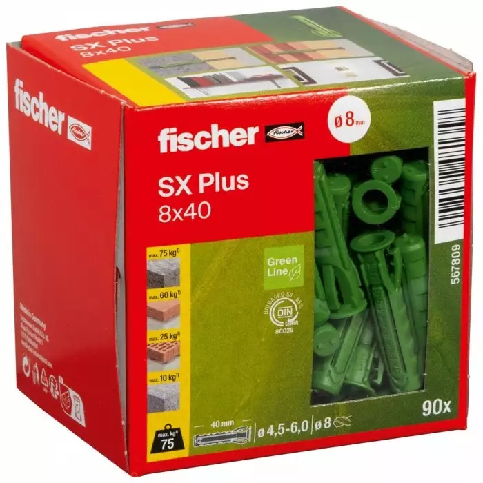 Fischer Fixings Green Wall Plug 40 mm Length 8 mm Fixing Hole Diameter, 567809 (Pack of 90)