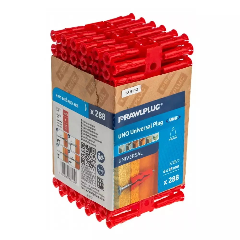RawlPlug Red Plastic Wall Plug 28 mm Length 6 mm Fixing Hole Diameter, R-U1-MIX-RED-288 (Pack of 288)