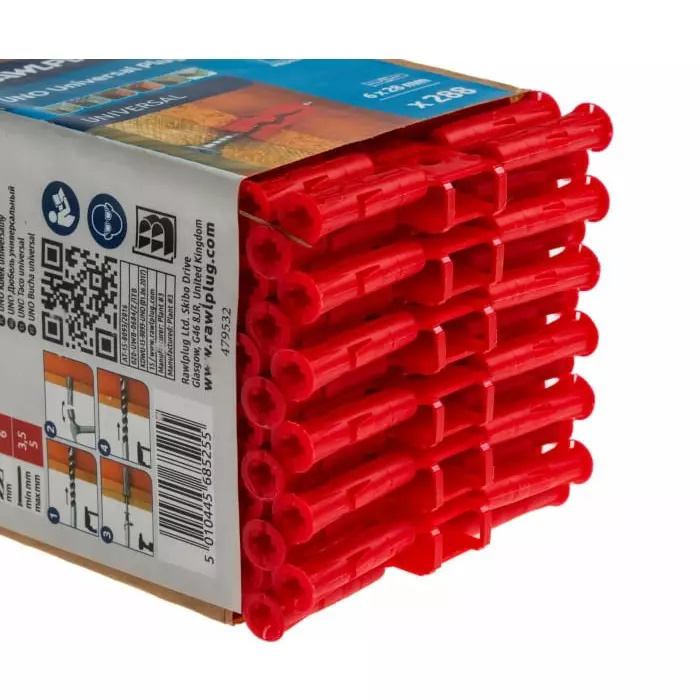 RawlPlug Red Plastic Wall Plug 28 mm Length 6 mm Fixing Hole Diameter, R-U1-MIX-RED-288 (Pack of 288)