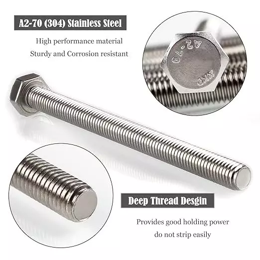 GENERIC 1.25x100 mm Hex Bolt Fully Threaded Stainless Steel for Construction and DIY Project (Pack of 10 Pcs)