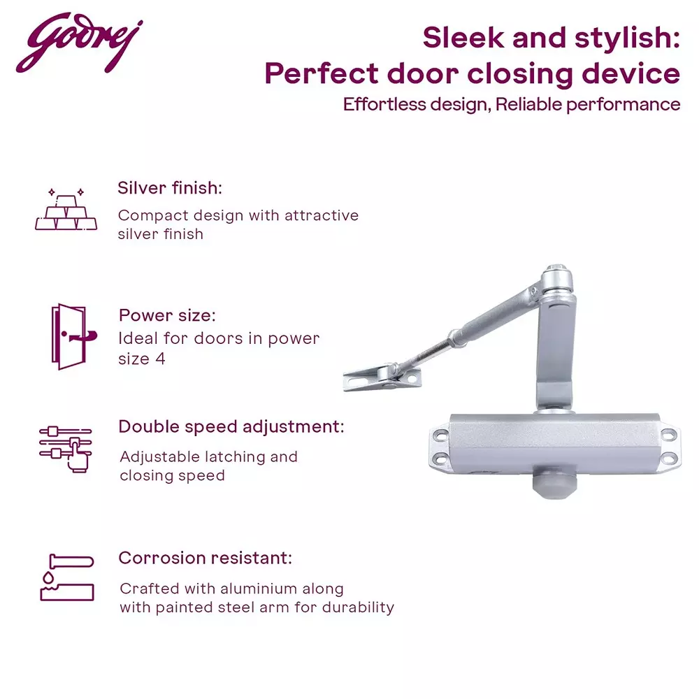 Godrej Hydraulic Door Closer Cerus Universal 1000 mm Silver, 5285