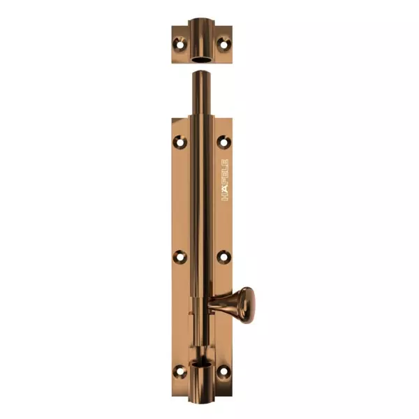 Hafele Brass Round Tower Bolt 10 mm Rod Diameter 203 mm Length Rose Gold PVD (Mirror) Finish, 911.81.664