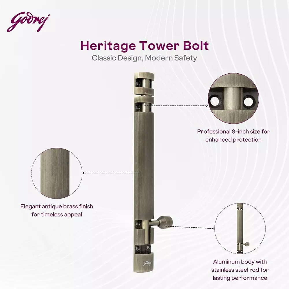 Godrej Tower Bolt Designer Aluminium 10x150 mm Antique Brass, 2721