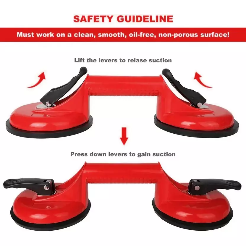 GENERIC Double Suction Cup Handle Locking Lifter 100 Kg Load Capacity Red & Black 20 cm Length for Home & Professional Use, (Pack of 2 Pcs)