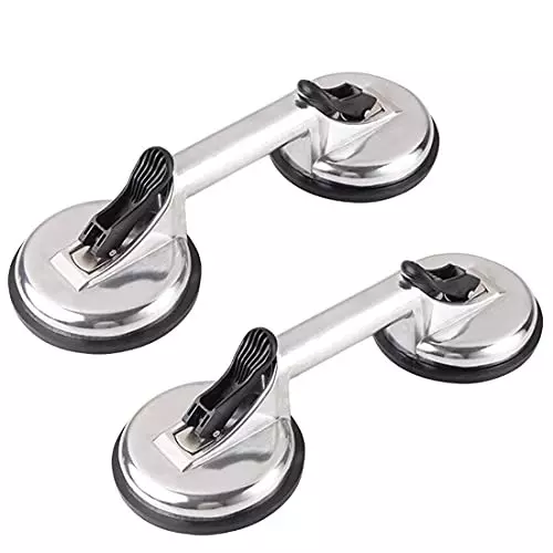 ATOZSHOP11 Double Claw Vacuum Suction Cup Glass Lifter Aluminum Alloy Body, Rubber Pads, ABS Buckle Silver (Pack of 2 Pcs)