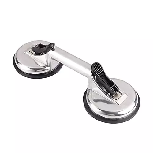 ATOZSHOP11 Double Claw Vacuum Suction Cup Glass Lifter Aluminum Alloy Body, Rubber Pads, ABS Buckle Silver (Pack of 2 Pcs)