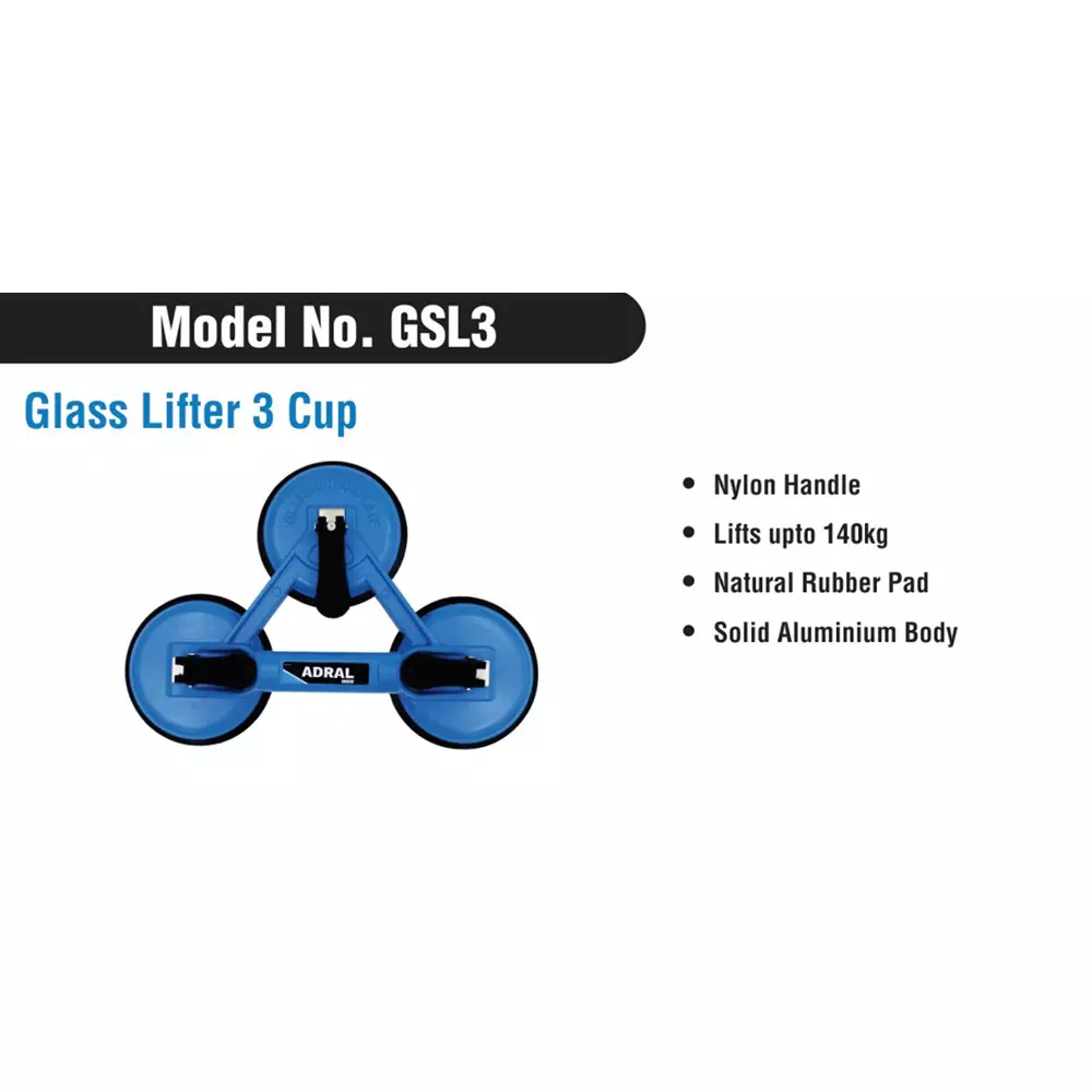 ADRAL Glass Lifter with 3 Cup 140 Kg Lifting Capacity Nylon Handle Natural Rubber Pad Blue 120 mm Solid Aluminium for Industrial Use, GSL3