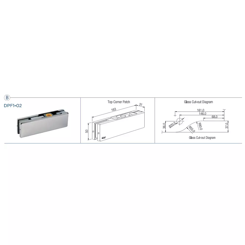 Ebco Top Corner Patch Black Finish Metal Body for 10-12 mm Glass Thickness, DPF1-02-BL