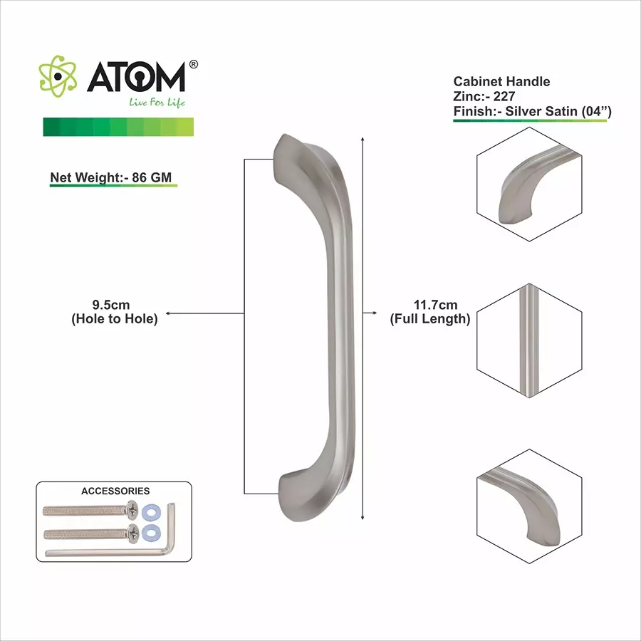 Atom Zinc Silver Glossy Finish Cabinet/Drawer Handle, CH-ZN-227-SS-04-106 (Pack of 6)