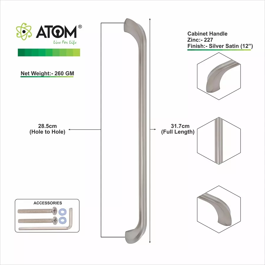 Atom Zinc Silver Glossy Finish Cabinet/Drawer Handle, CH-ZN-227-SS-12-106 (Pack of 6)