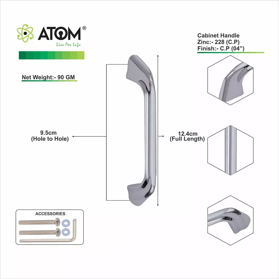Atom Zinc Silver Glossy Finish Cabinet/Drawer Handle, CH-ZN-228-CP-04-110 (Pack of 10)