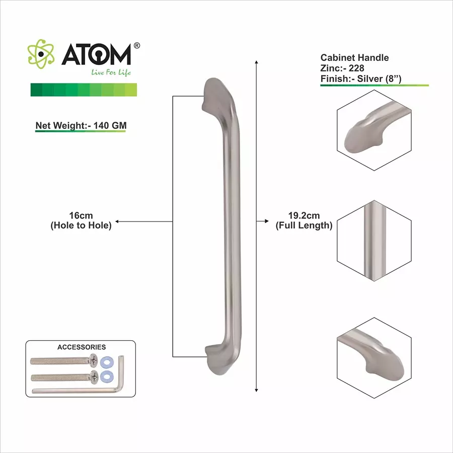 Atom Zinc Silver Glossy Finish Cabinet/Drawer Handle, CH-ZN-228-SS-08-106 (Pack of 6)