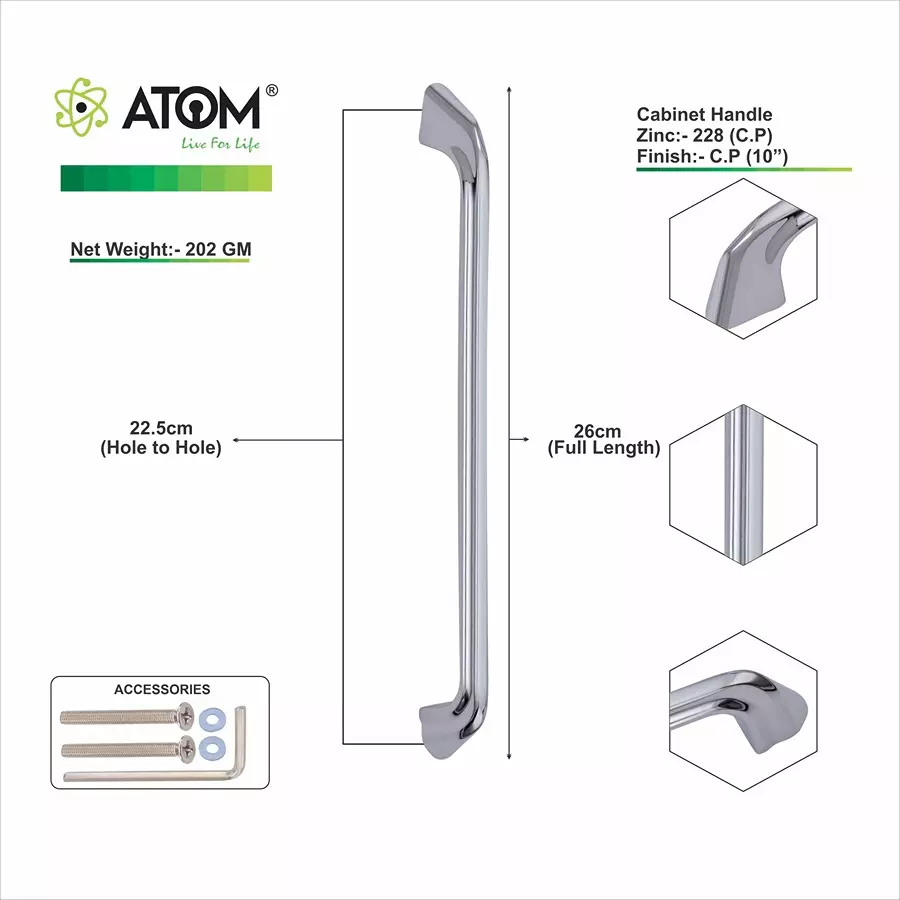 Atom Zinc Silver Glossy Finish Cabinet/Drawer Handle, CH-ZN-228-CP-10-102 (Pack of 2)