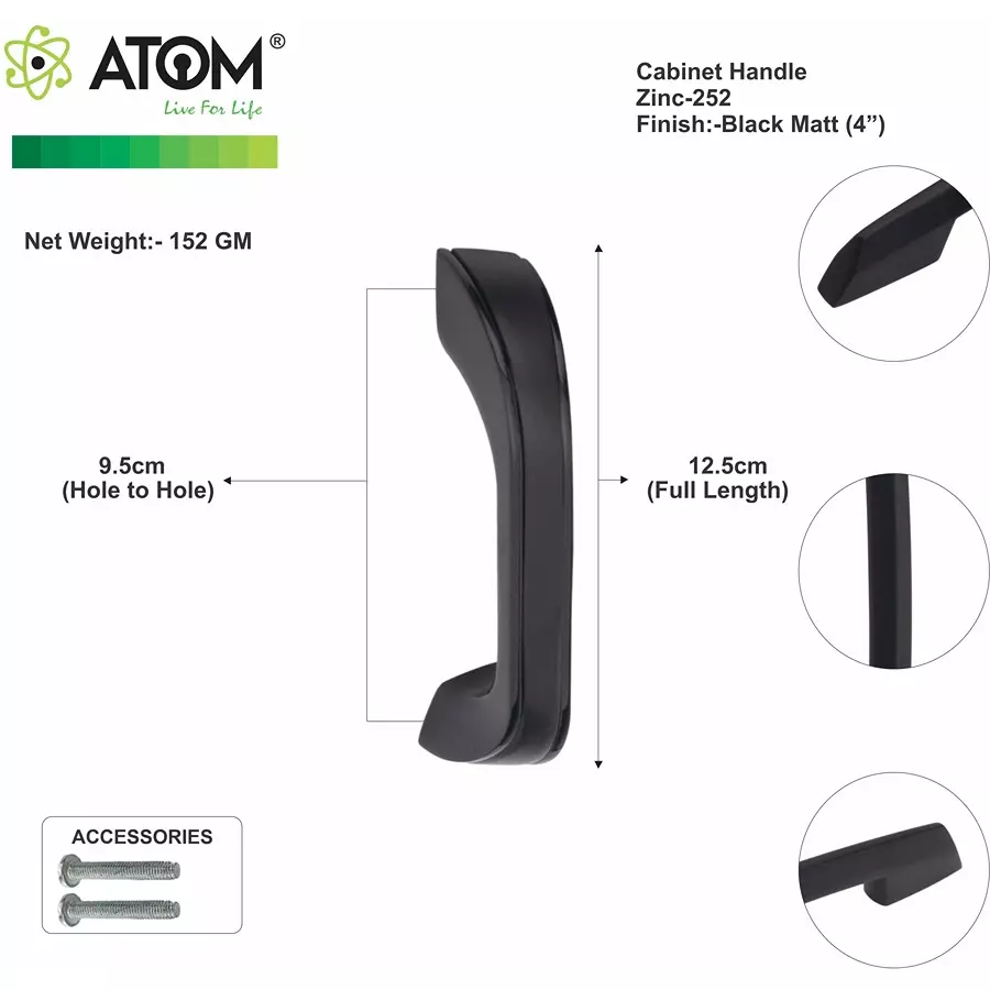 Atom Zinc Black Glossy Finish Cabinet/Drawer Handle, CH-ZN-252-BLK-04-110 (Pack of 10)