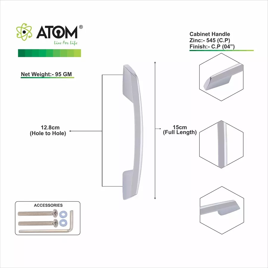 Atom Zinc Silver Glossy Finish Cabinet/Drawer Handle, CH-545-CPPT-04-110 (Pack of 10)
