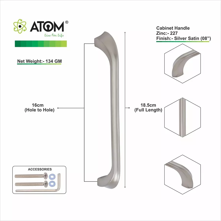 Atom Zinc Silver Glossy Finish Cabinet/Drawer Handle, CH-ZN-227-SS-08-102 (Pack of 2)