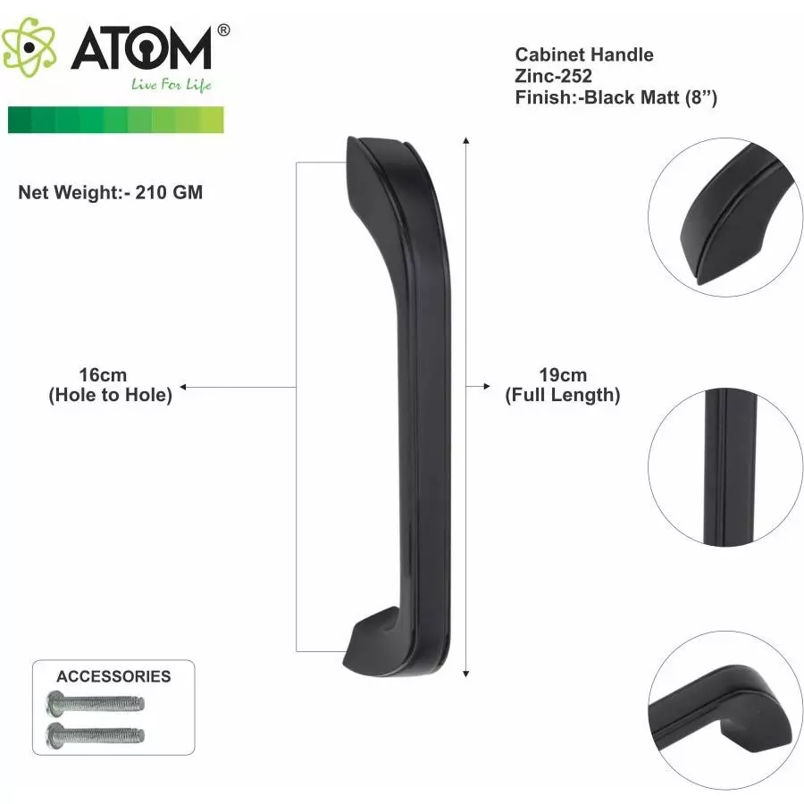 Atom Zinc Black Glossy Finish Cabinet/Drawer Handle, CH-ZN-252-BLK-08-110 (Pack of 10)