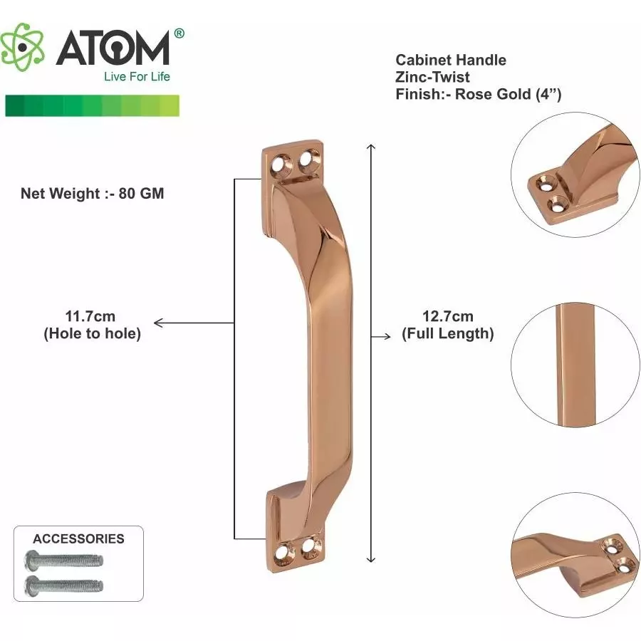 Atom Zinc Gold Glossy Finish Cabinet/Drawer Handle, CH-ZN-TWIST-RG-04-110 (Pack of 10)