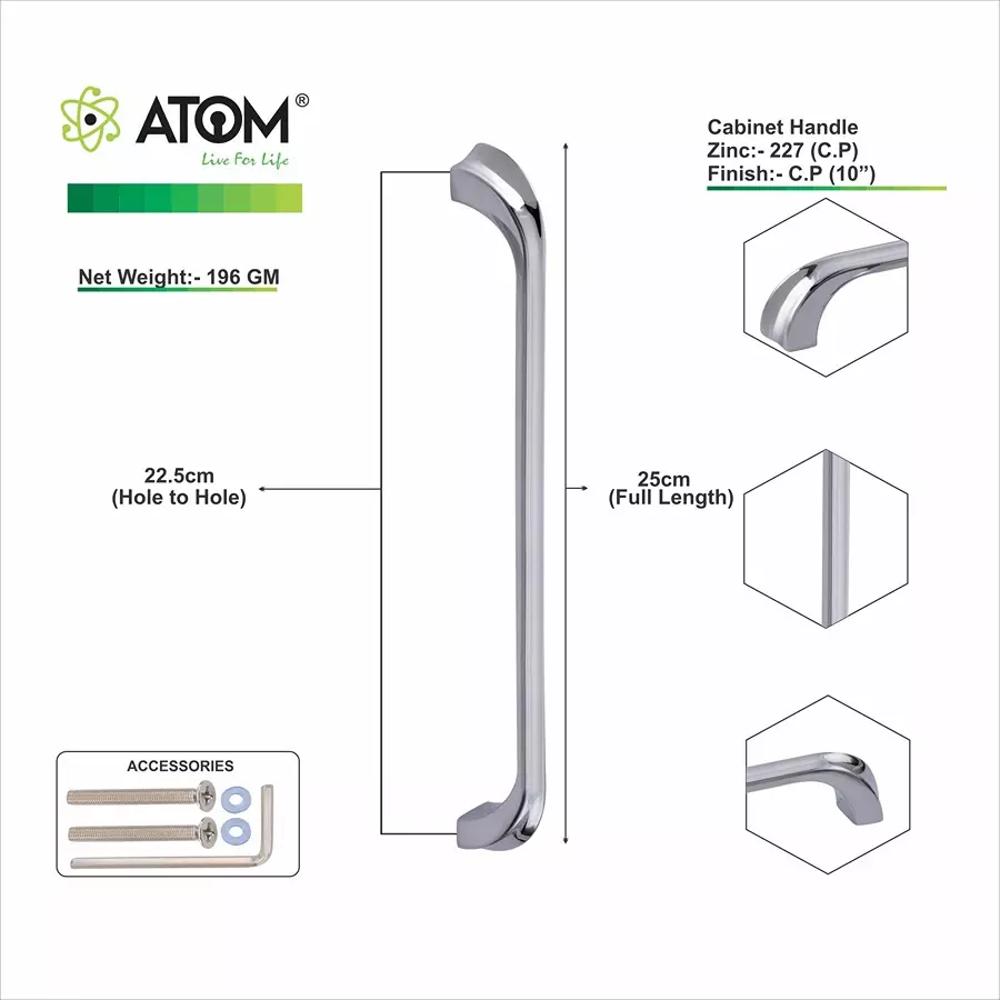 Atom Zinc Silver Glossy Finish Cabinet/Drawer Handle, CH-ZN-227-CP-10-110 (Pack of 10)