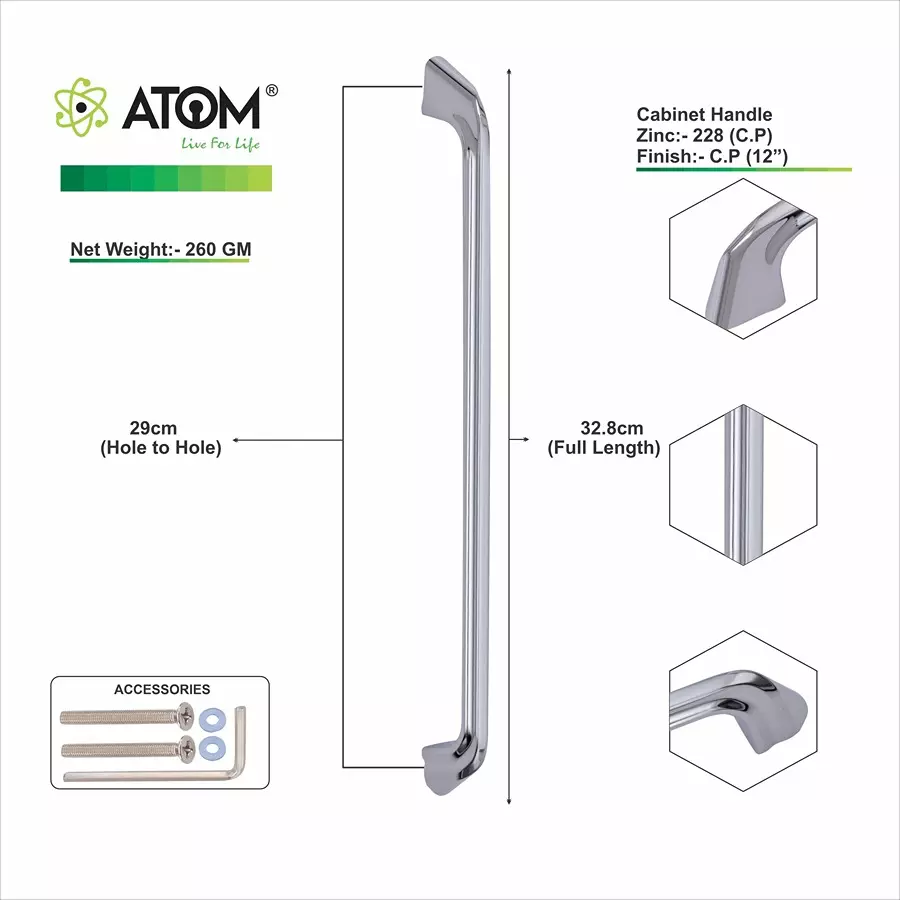 Atom Zinc Silver Glossy Finish Cabinet/Drawer Handle, CH-ZN-228-CP-12-102 (Pack of 2)