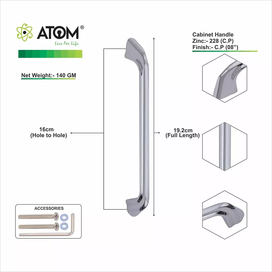 Atom Zinc Silver Glossy Finish Cabinet/Drawer Handle, CH-ZN-228-CP-08-106 (Pack of 6)