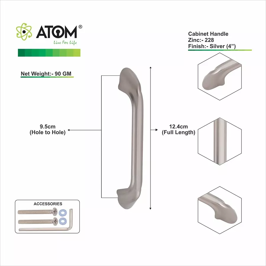 Atom Zinc Silver Glossy Finish Cabinet/Drawer Handle, CH-ZN-228-SS-04-106 (Pack of 6)