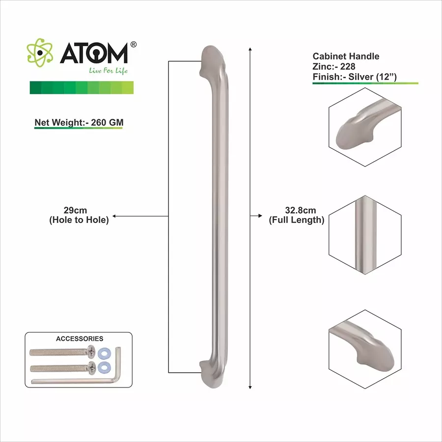 Atom Zinc Silver Glossy Finish Cabinet/Drawer Handle, CH-ZN-228-SS-12-102 (Pack of 2)