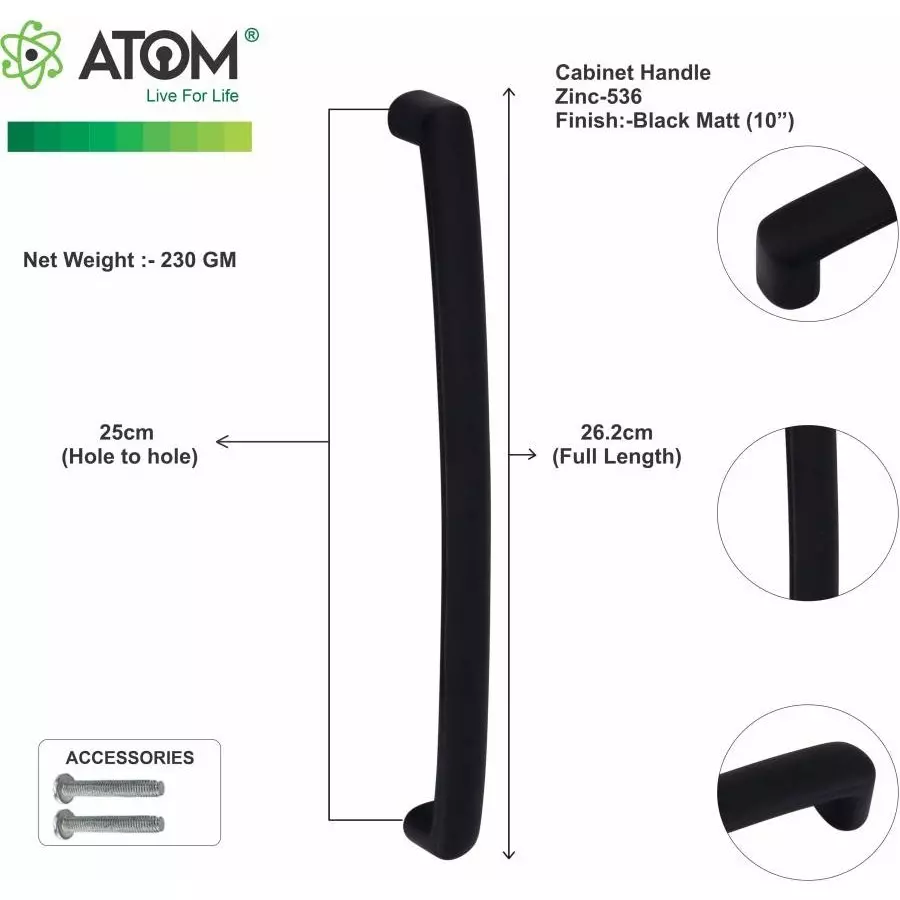 Atom Zinc Black Matte Finish Cabinet/Drawer Handle, CH-ZN-536-BLK-10-102 (Pack of 2)