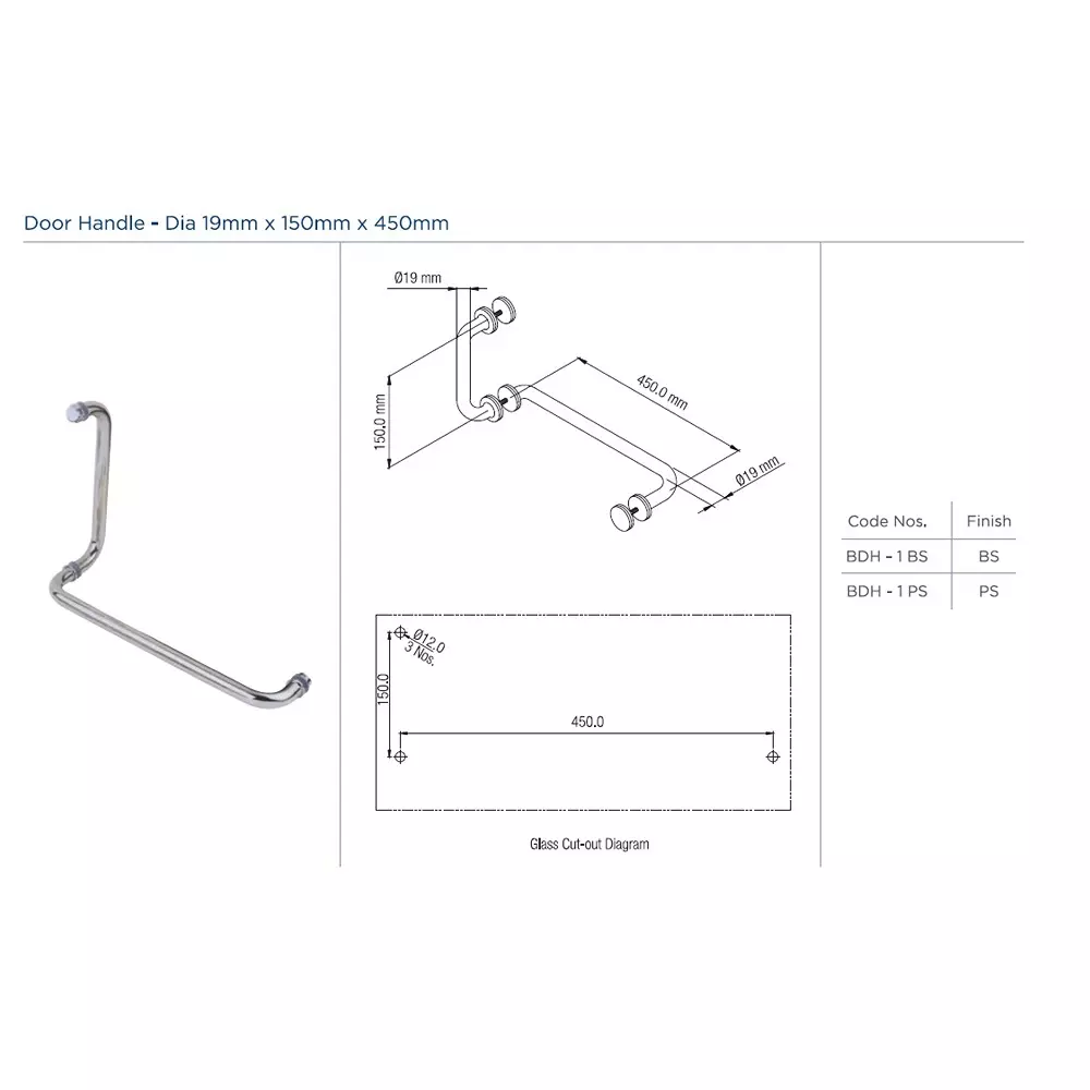 Ebco SS 304 Door Handle Brushed Steel Finish and Size 150x450 mm for Shower Fittings, BDH-1-BS