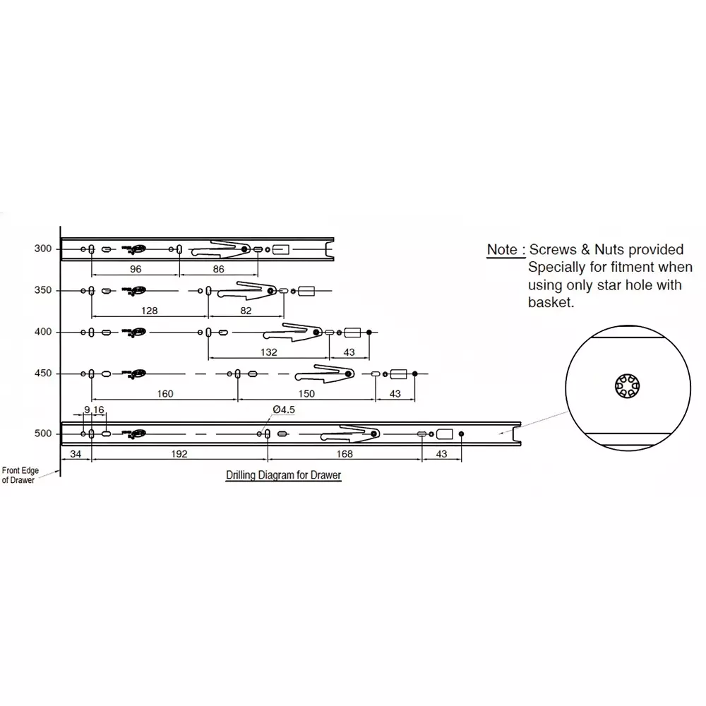 Ebco Stainless Steel 304 Drawer Slide Sleek Telescopic Primary Series SS Finish, Size 400 mm, Load 35 Kg, Height 45 mm, STDS1-40-35SS-SC (Set of 2)