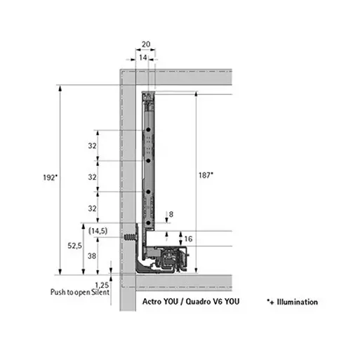 Hettich Drawer Side Profile (Right) for AvanTech YOU: NL 500 mm 40 Kg Load Capacity, 187 mm Height, 9255055
