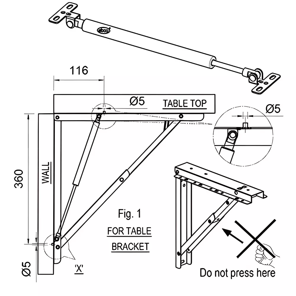 Ebco Table Bracket Damper Anthracite Finish, Maximum Load 20 N for Folding Table, TBD-7L