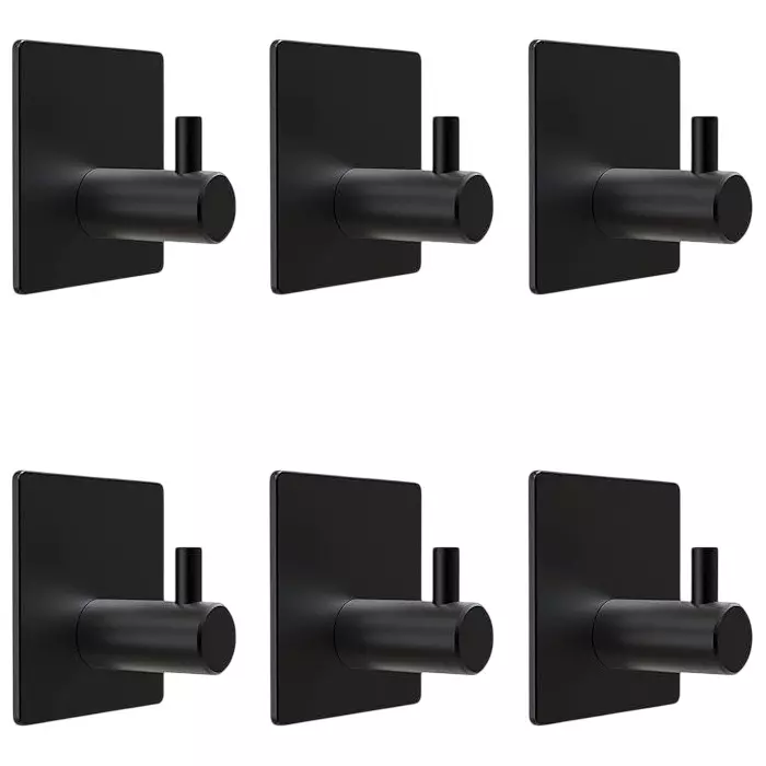 R & R Towel Wall Hook Adhesive, Stainless Steel Black Brushed Finish Type for Bathroom Kitchen (Pack of 6 Pcs)