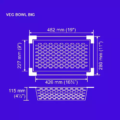 Nirali BG Add Ons Big Veg Bowl 482x280x115 mm (19x11x4½ inch) Hairline Satin Finish Stainless Steel Capsule Hole
