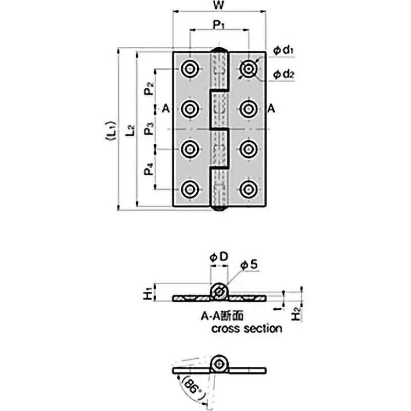 TAKIGEN Flat Hinge Alumite Treatment with Bush L90xW60xt3.5 mm, B-78-B-15