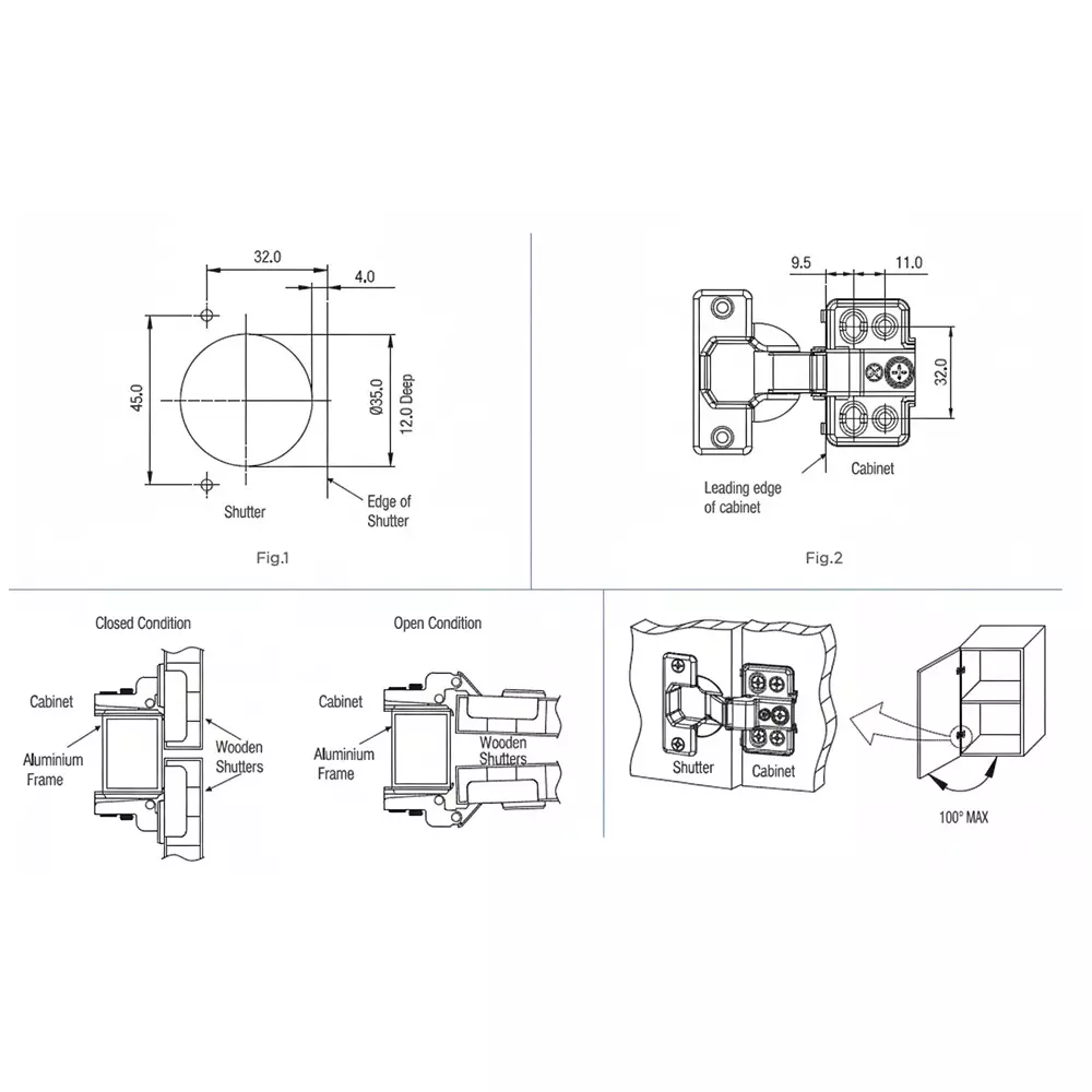 Ebco Short Arm Hinge with 4 Hole Mounting Plate, Nickel Plated Finish, Size 35 mm, HSA1-M1 (Set of 2)