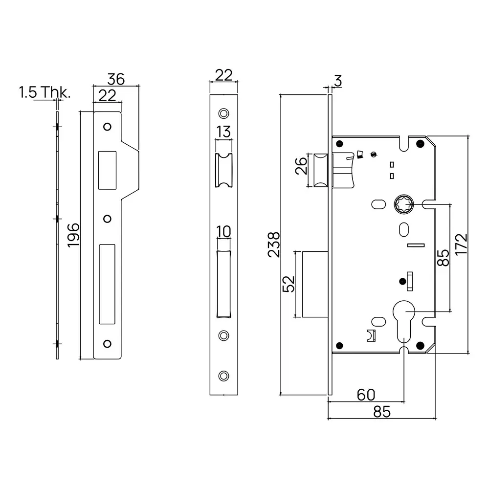 Quba Mortise Lock Bullet Type 240 mm Size & 60 mm Backset SS Finish, Q 102