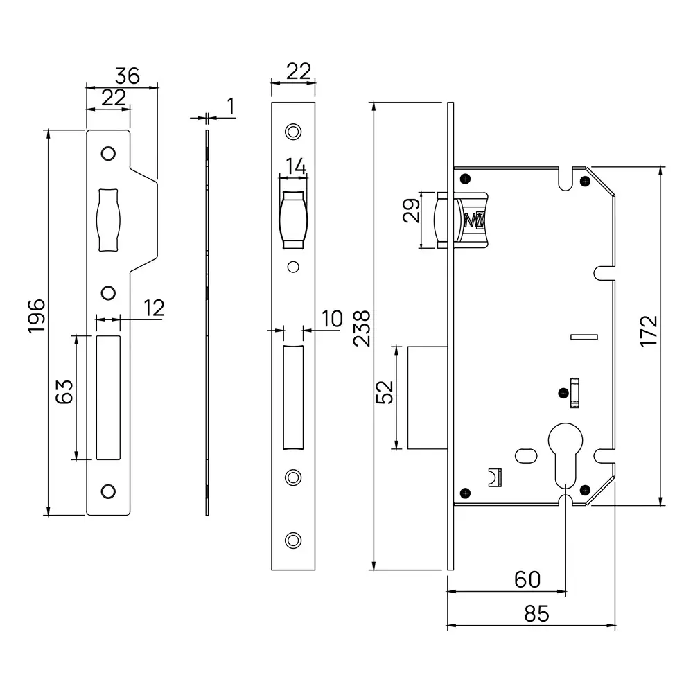 Quba Roller Mortise Lock 240 mm Size & 60 mm Backset SS Finish, Q 102R