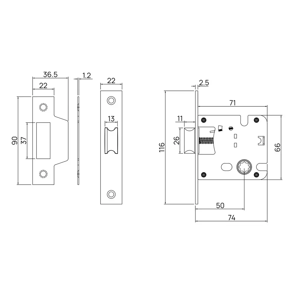 Quba Mortise Baby Latch 50 mm Backset SS Finish, Q 105