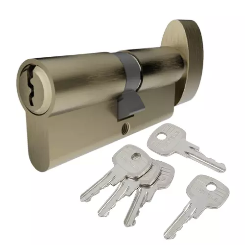 Hafele Brass Thumb Turn Cylinder Lock (T+K) Euro Profile 62 mm Size with 5 Keys Antique Brass Matte Finish, 916.88.806
